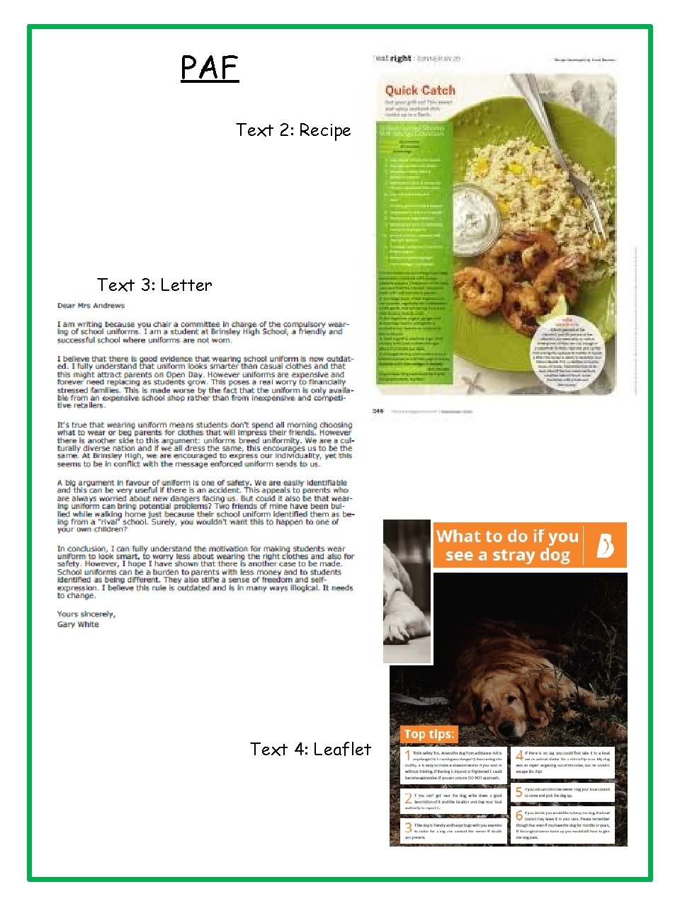 PAF Text 2: Recipe Text 3: Letter Text 4: Leaflet 