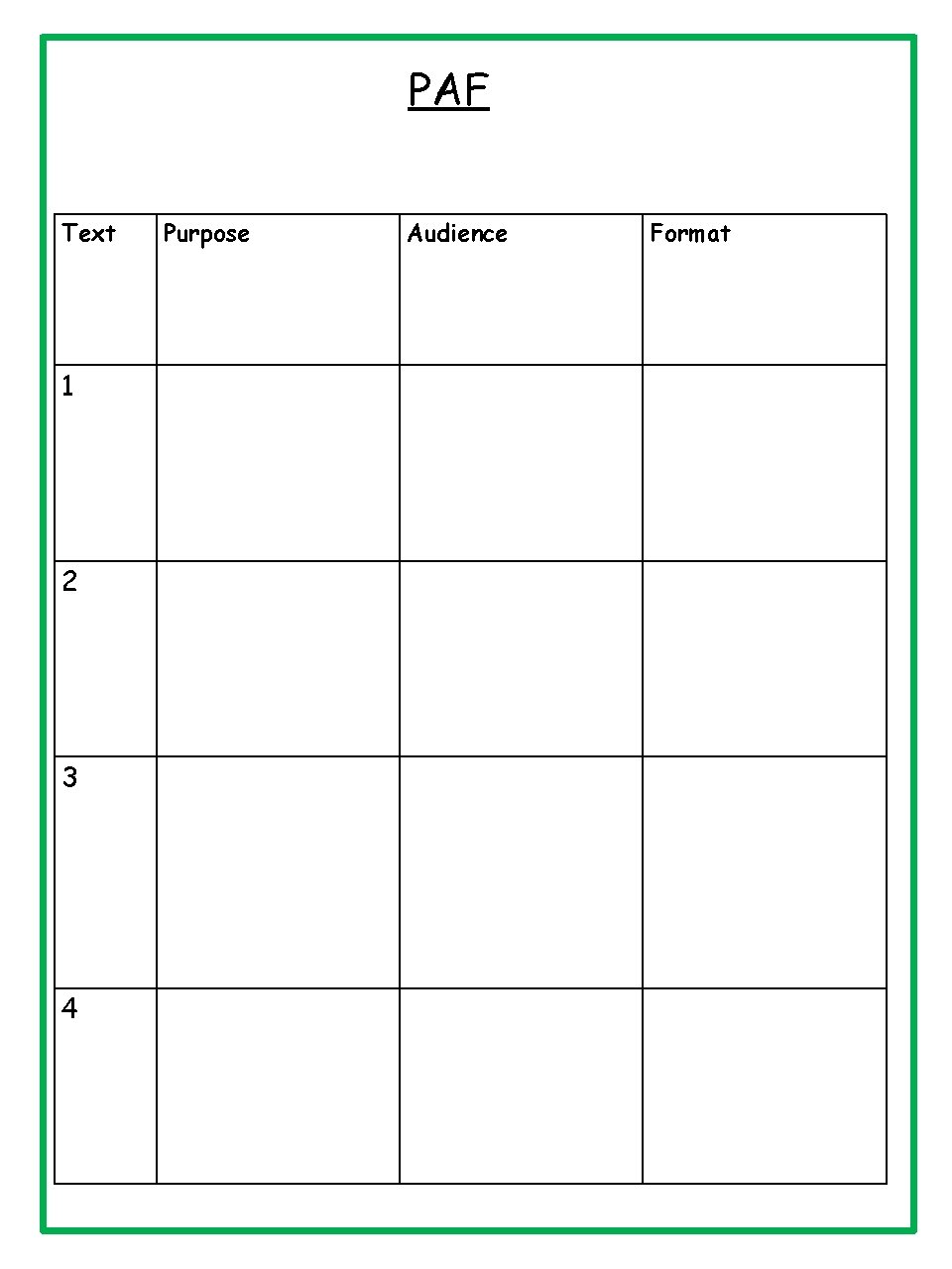 PAF Text 1 2 3 4 Purpose Audience Format 