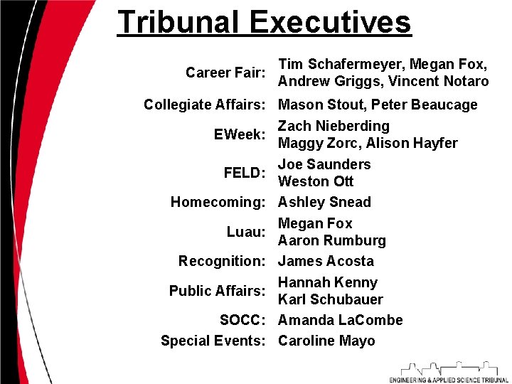 Tribunal Executives Career Fair: Tim Schafermeyer, Megan Fox, Andrew Griggs, Vincent Notaro Collegiate Affairs: