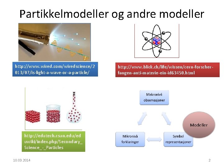 Partikkelmodeller og andre modeller http: //www. wired. com/wiredscience/2 013/07/is-light-a-wave-or-a-particle/ http: //www. blick. ch/life/wissen/cern-forscherfangen-anti-materie-ein-id 63450.