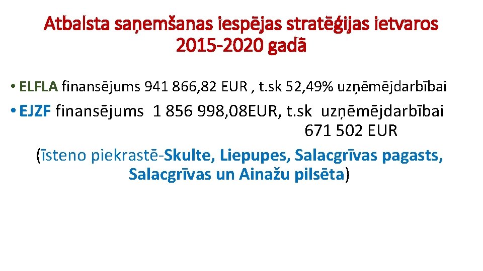 Atbalsta saņemšanas iespējas stratēģijas ietvaros 2015 -2020 gadā • ELFLA finansējums 941 866, 82