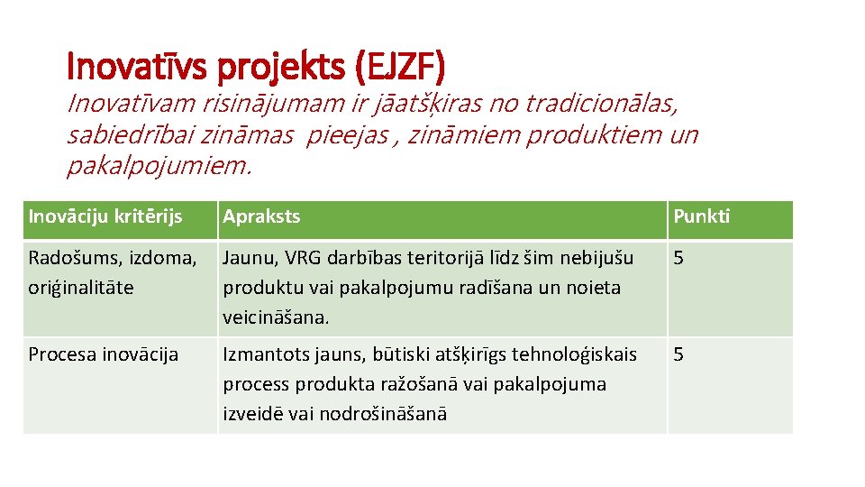 Inovatīvs projekts (EJZF) Inovatīvam risinājumam ir jāatšķiras no tradicionālas, sabiedrībai zināmas pieejas , zināmiem