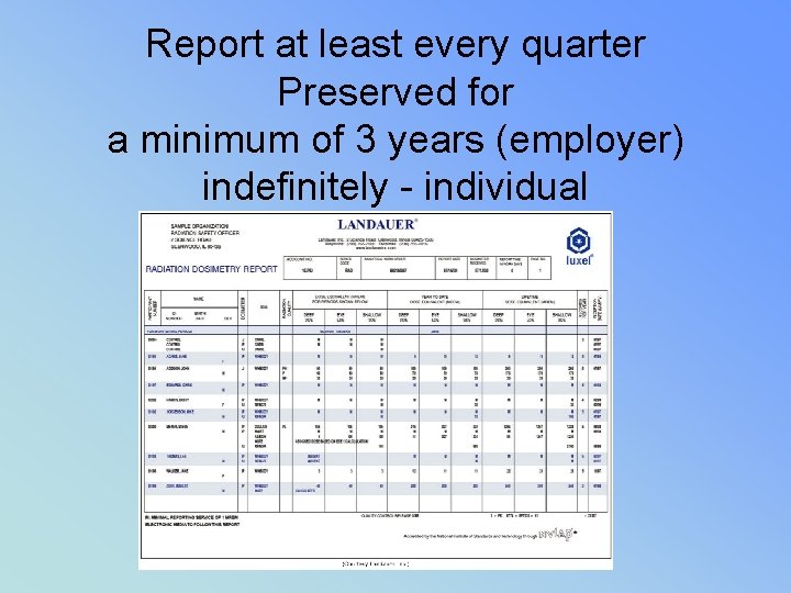 Report at least every quarter Preserved for a minimum of 3 years (employer) indefinitely