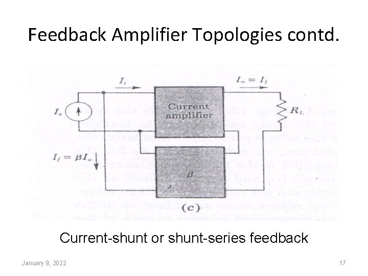 Feedback Amplifier Topologies contd. Current-shunt or shunt-series feedback January 9, 2022 17 