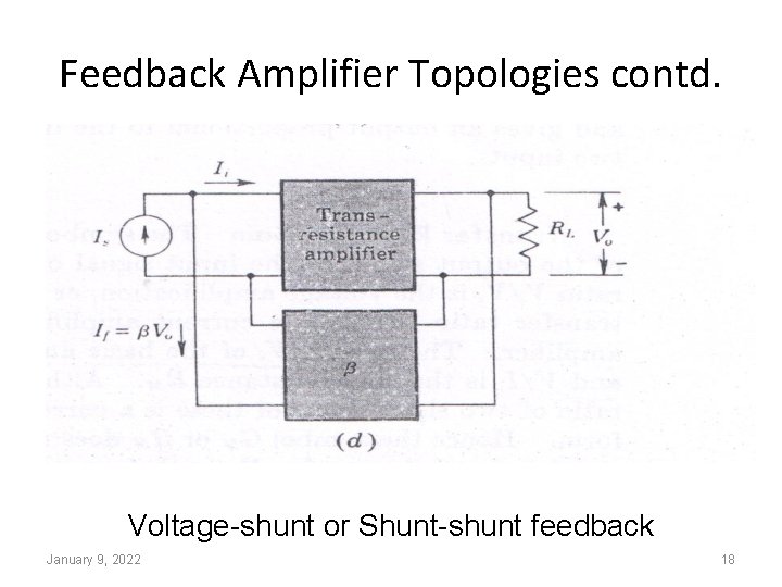 Feedback Amplifier Topologies contd. Voltage-shunt or Shunt-shunt feedback January 9, 2022 18 