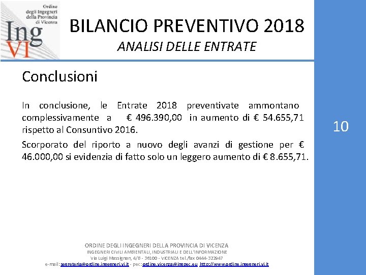 BILANCIO PREVENTIVO 2018 ANALISI DELLE ENTRATE Conclusioni In conclusione, le Entrate 2018 preventivate ammontano