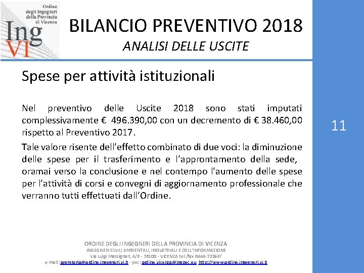 BILANCIO PREVENTIVO 2018 ANALISI DELLE USCITE Spese per attività istituzionali Nel preventivo delle Uscite