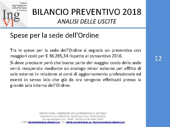 BILANCIO PREVENTIVO 2018 ANALISI DELLE USCITE Spese per la sede dell'Ordine Tra le spese