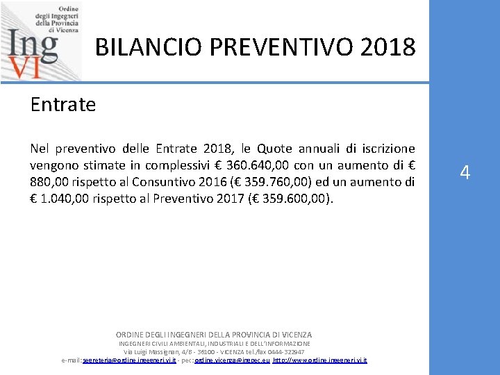 BILANCIO PREVENTIVO 2018 Entrate Nel preventivo delle Entrate 2018, le Quote annuali di iscrizione