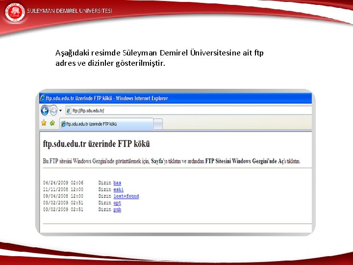 Aşağıdaki resimde Süleyman Demirel Üniversitesine ait ftp adres ve dizinler gösterilmiştir. 