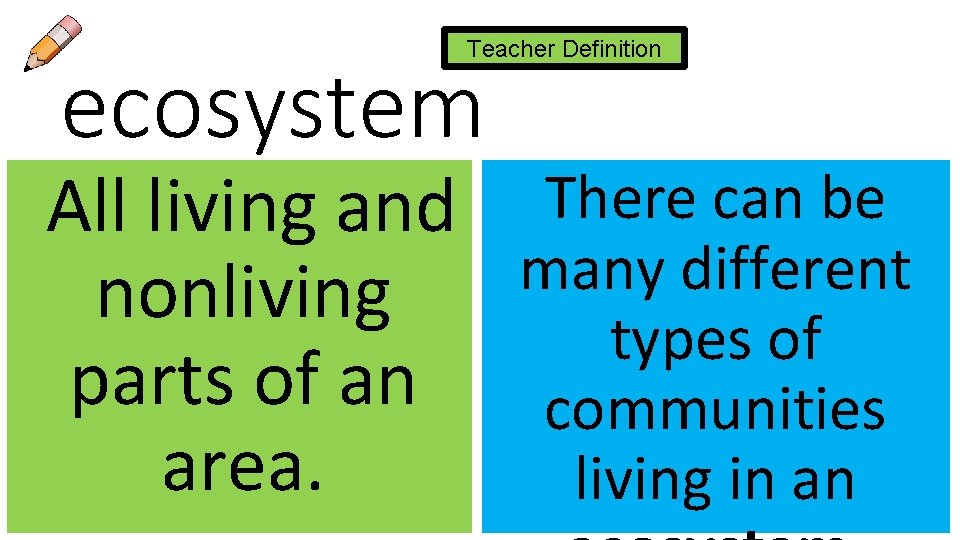 Teacher Definition ecosystem All living and There can be many different nonliving types of
