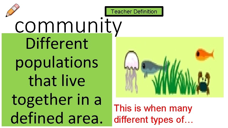 Teacher Definition community Different populations that live together in a defined area. This is