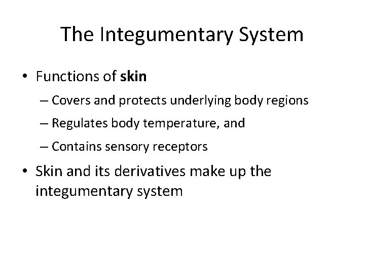The Integumentary System • Functions of skin – Covers and protects underlying body regions The Integumentary System • Functions of skin – Covers and protects underlying body regions