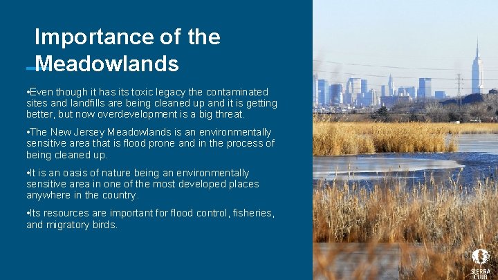 Importance of the Meadowlands • Even though it has its toxic legacy the contaminated