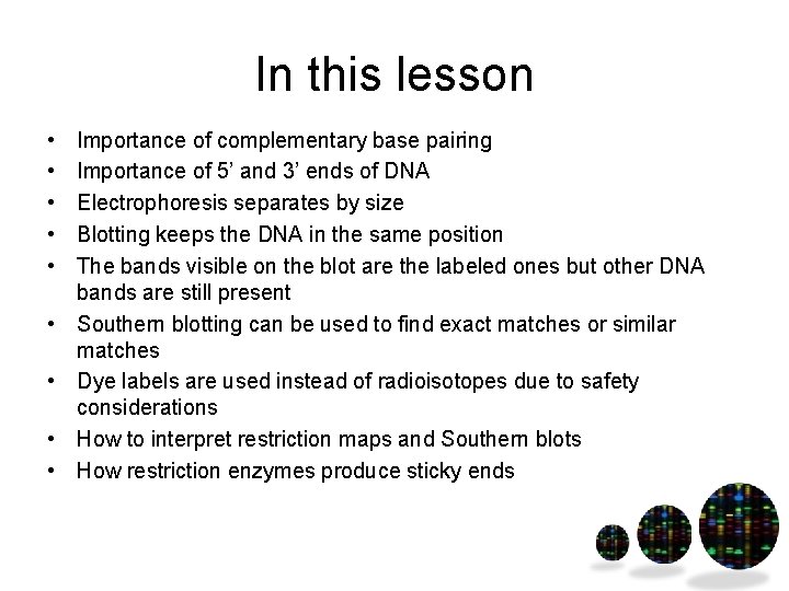 In this lesson • • • Importance of complementary base pairing Importance of 5’