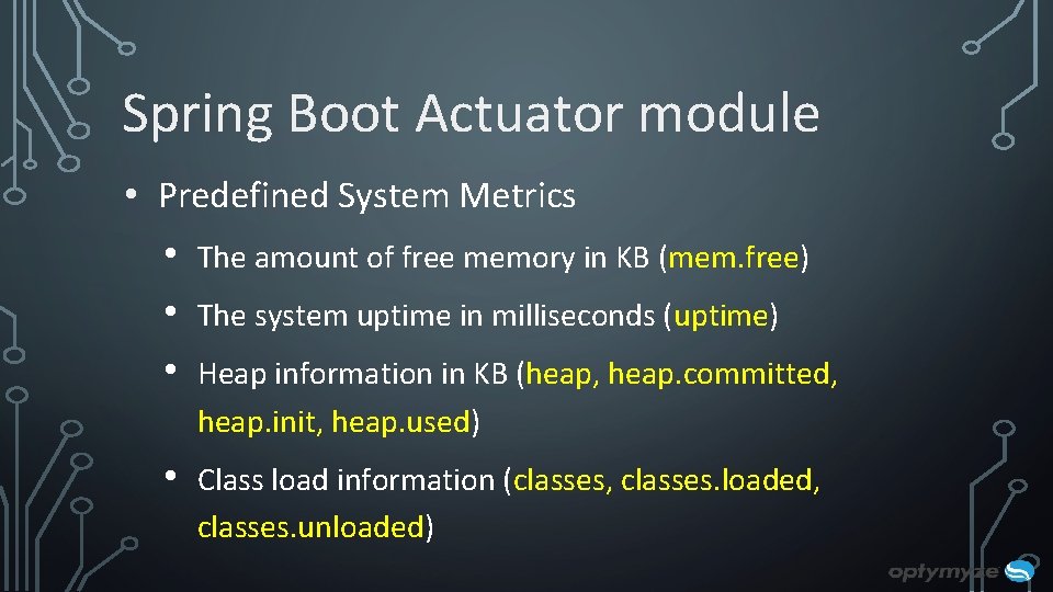 Spring Boot Actuator module • Predefined System Metrics • • • The amount of Spring Boot Actuator module • Predefined System Metrics • • • The amount of