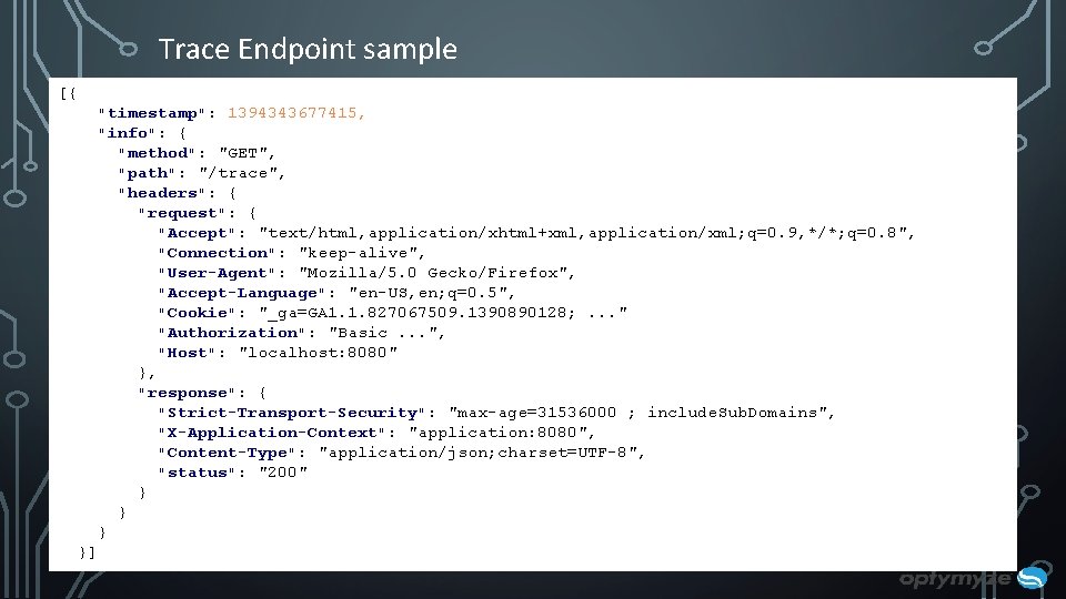 Trace Endpoint sample [{ "timestamp": 1394343677415, "info": { "method": "GET", "path": "/trace", "headers": { Trace Endpoint sample [{ "timestamp": 1394343677415, "info": { "method": "GET", "path": "/trace", "headers": {