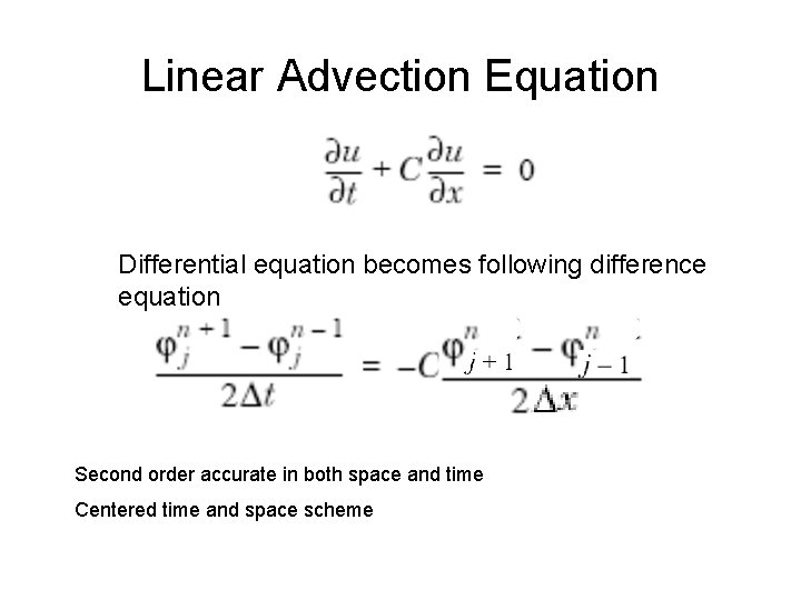 Linear Advection Equation Differential equation becomes following difference equation Second order accurate in both