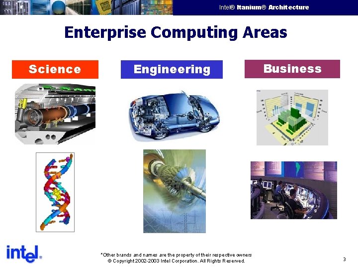 Intel® Itanium® Architecture Intel Confidential Enterprise Computing Areas Science Engineering *Other brands and names