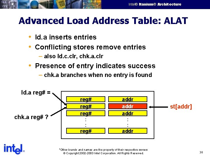 Intel® Itanium® Architecture Intel Confidential Advanced Load Address Table: ALAT • ld. a inserts