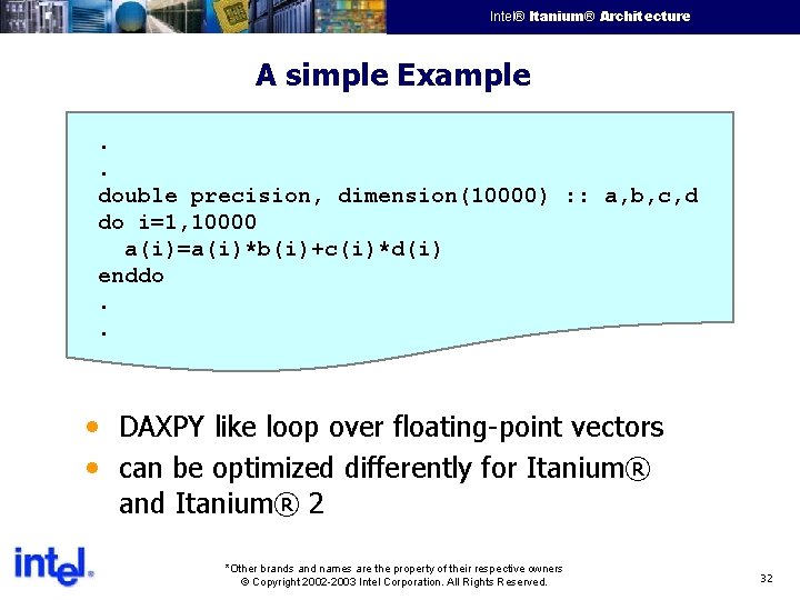 Intel® Itanium® Architecture Intel Confidential A simple Example. . double precision, dimension(10000) : :