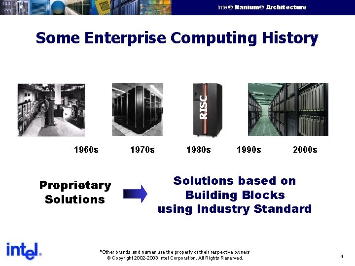 Intel® Itanium® Architecture Intel Confidential RISC Some Enterprise Computing History 1960 s 1970 s