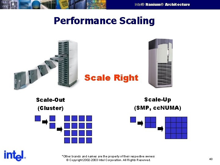 Intel® Itanium® Architecture Intel Confidential Performance Scaling Scale Right Scale-Out (Cluster) Scale-Up (SMP, cc.