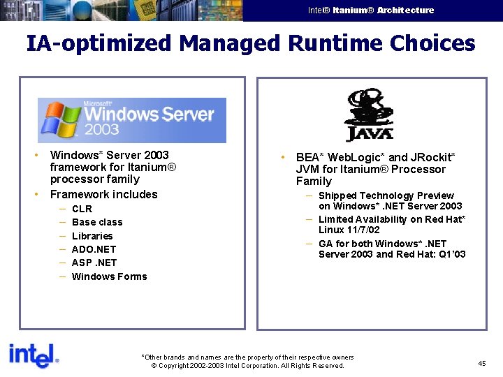 Intel® Itanium® Architecture Intel Confidential IA-optimized Managed Runtime Choices • Windows* Server 2003 •