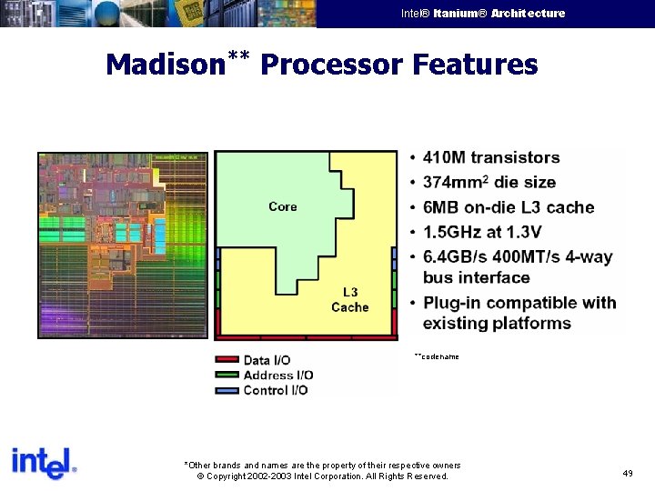 Intel® Itanium® Architecture Intel Confidential Madison** Processor Features **codename *Other brands and names are