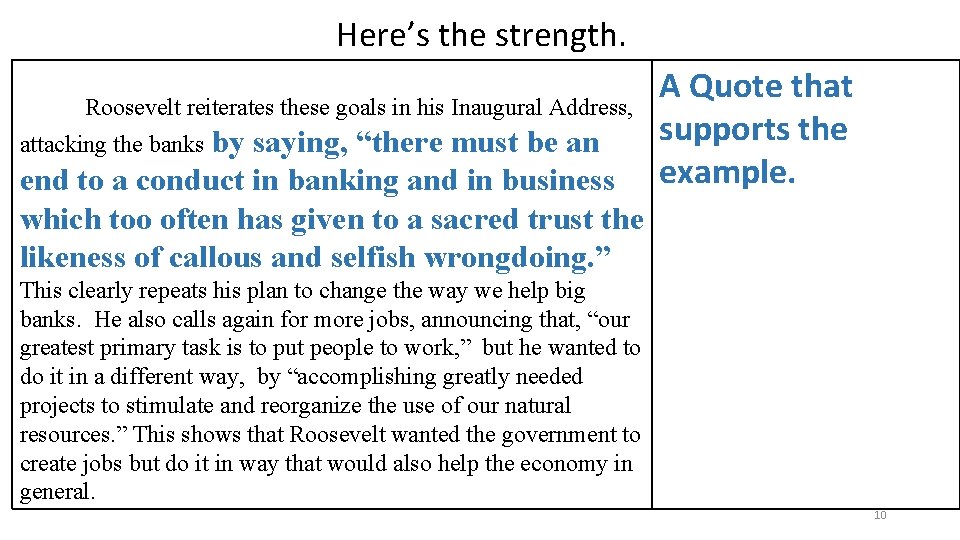 Here’s the strength. Roosevelt reiterates these goals in his Inaugural Address, attacking the banks