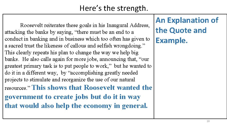 Here’s the strength. Roosevelt reiterates these goals in his Inaugural Address, attacking the banks