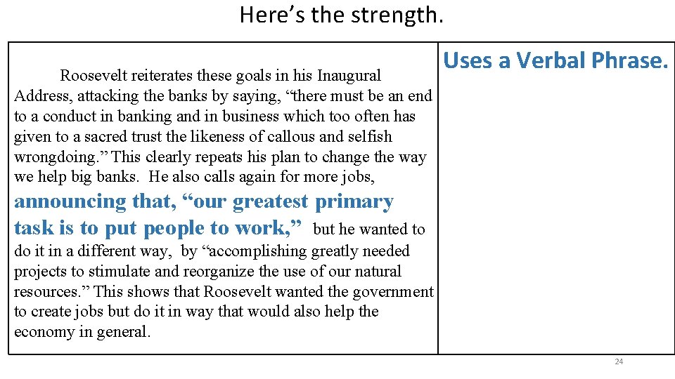 Here’s the strength. Roosevelt reiterates these goals in his Inaugural Address, attacking the banks