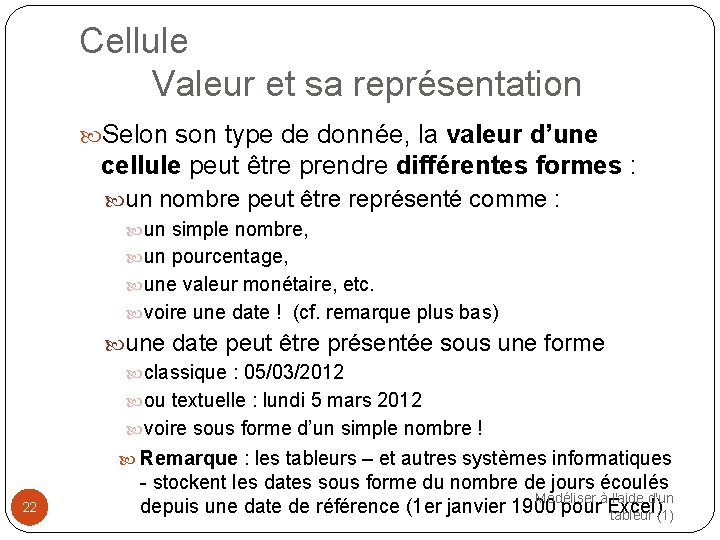 Cellule Valeur et sa représentation Selon son type de donnée, la valeur d’une cellule