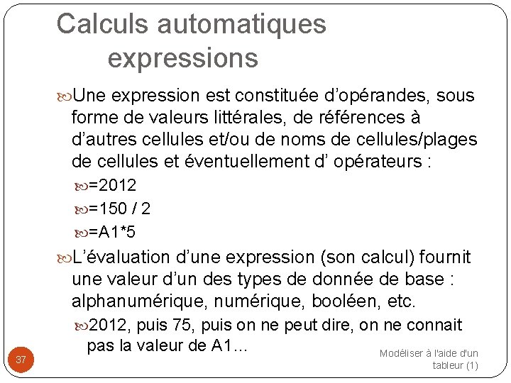 Calculs automatiques expressions Une expression est constituée d’opérandes, sous forme de valeurs littérales, de