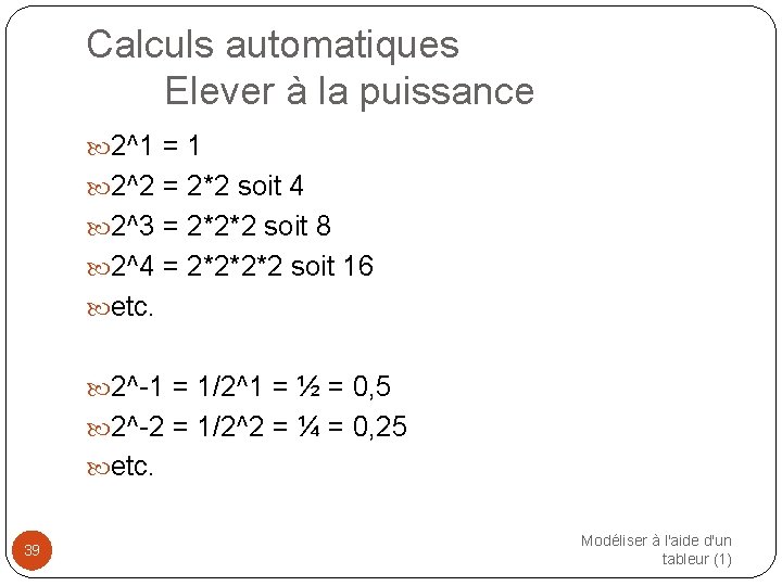 Calculs automatiques Elever à la puissance 2^1 = 1 2^2 = 2*2 soit 4