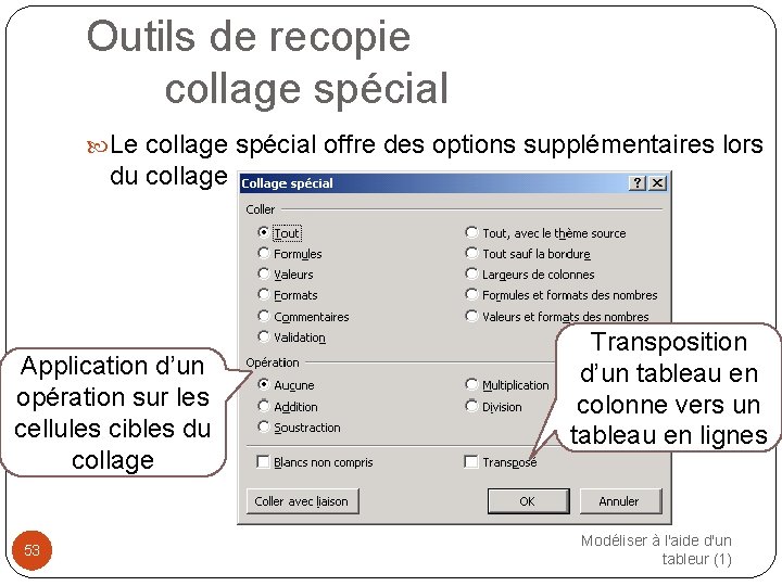 Outils de recopie collage spécial Le collage spécial offre des options supplémentaires lors du