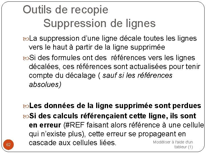 Outils de recopie Suppression de lignes La suppression d’une ligne décale toutes lignes vers