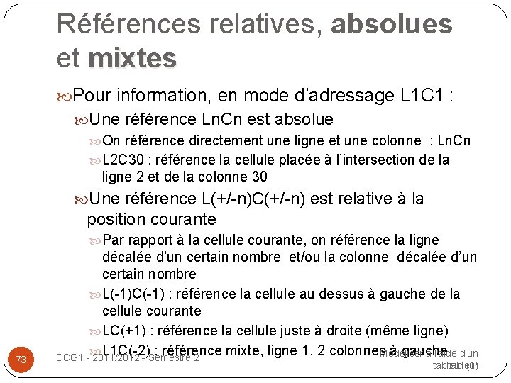 Références relatives, absolues et mixtes Pour information, en mode d’adressage L 1 C 1