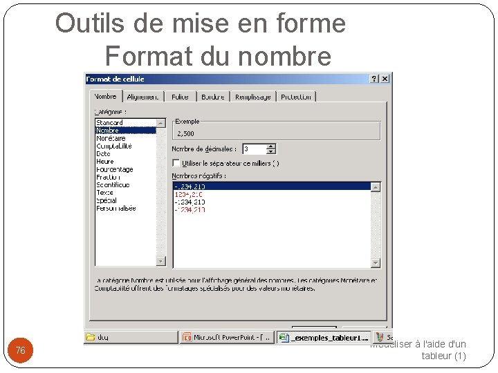 Outils de mise en forme Format du nombre 76 Modéliser à l'aide d'un tableur