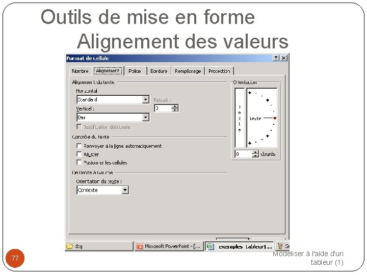 Outils de mise en forme Alignement des valeurs 77 Modéliser à l'aide d'un tableur