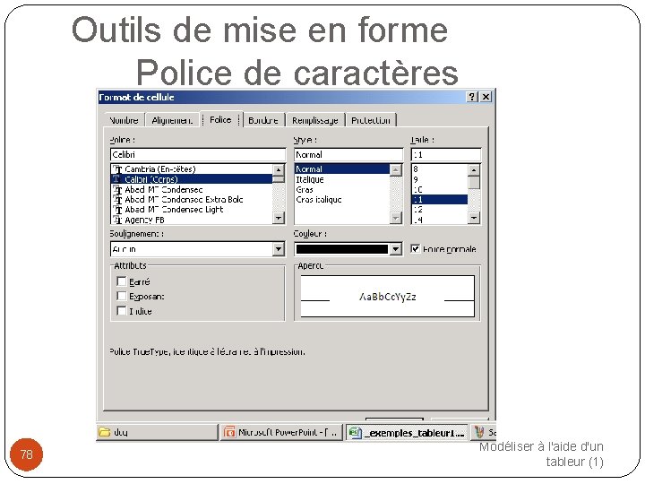 Outils de mise en forme Police de caractères 78 Modéliser à l'aide d'un tableur
