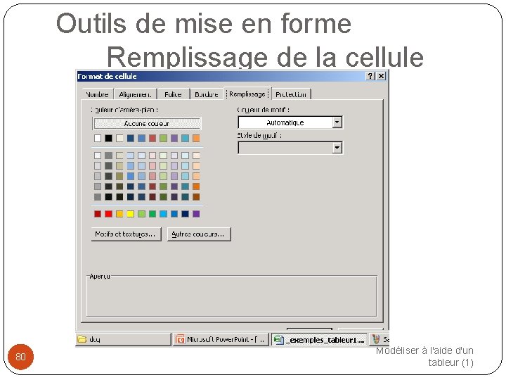 Outils de mise en forme Remplissage de la cellule 80 Modéliser à l'aide d'un