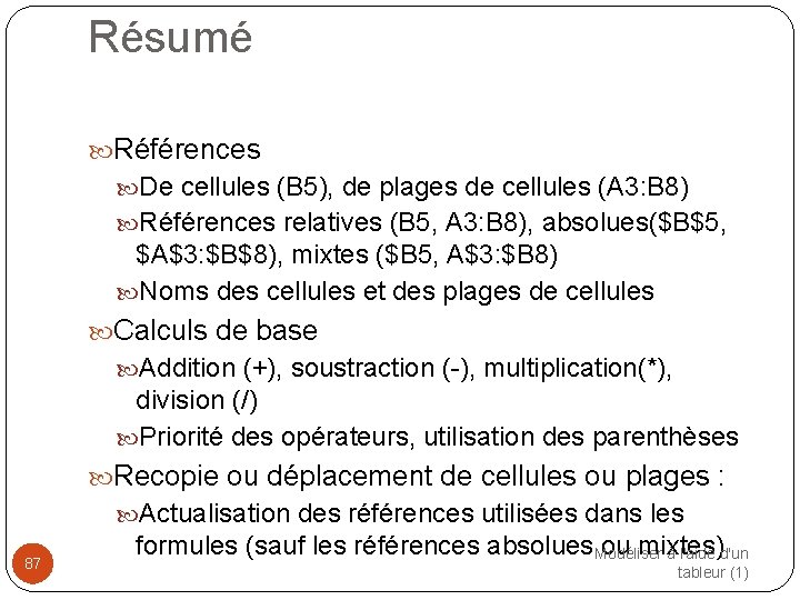 Résumé Références De cellules (B 5), de plages de cellules (A 3: B 8)
