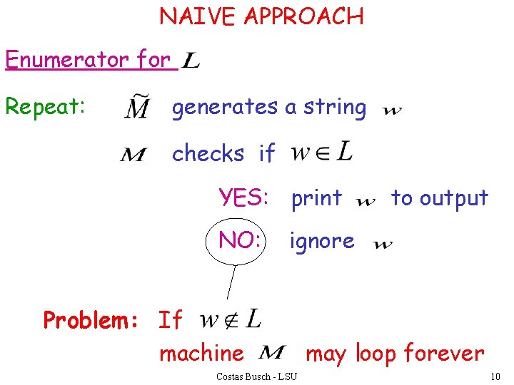 NAIVE APPROACH Enumerator for Repeat: generates a string checks if YES: print NO: to
