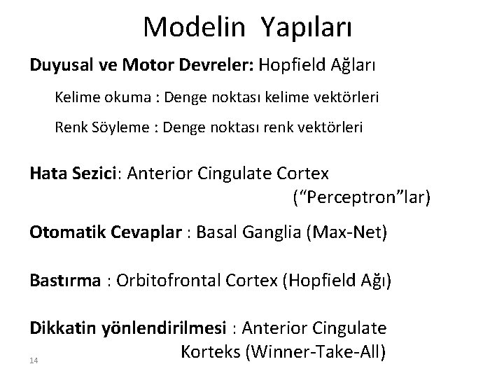 Modelin Yapıları Duyusal ve Motor Devreler: Hopfield Ağları Kelime okuma : Denge noktası kelime