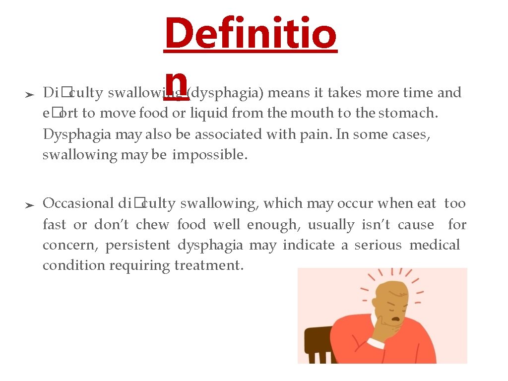 ➤ ➤ Definitio n Di�culty swallowing (dysphagia) means it takes more time and e�ort