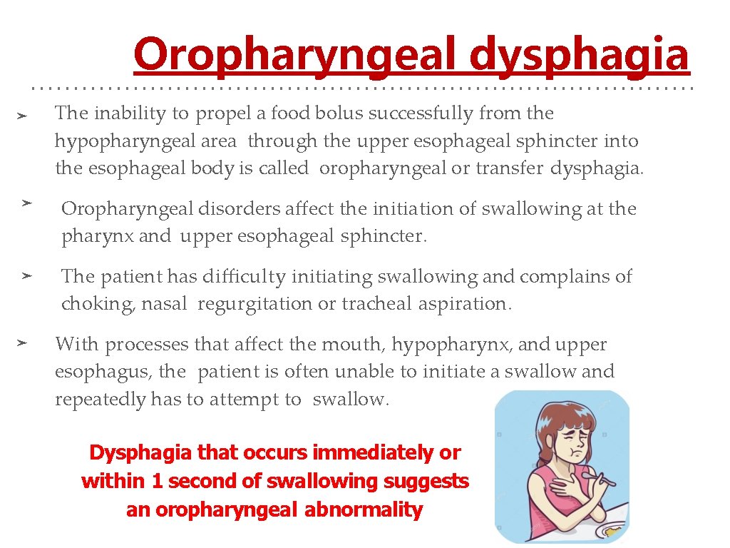 Oropharyngeal dysphagia ➤ ➤ The inability to propel a food bolus successfully from the