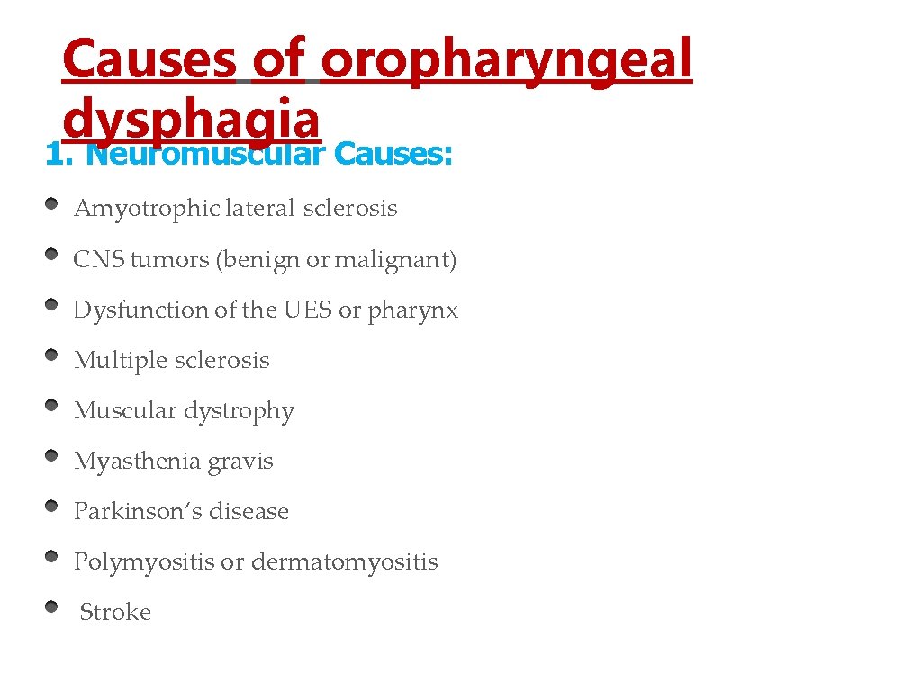 Causes of oropharyngeal dysphagia 1. Neuromuscular Causes: Amyotrophic lateral sclerosis CNS tumors (benign or