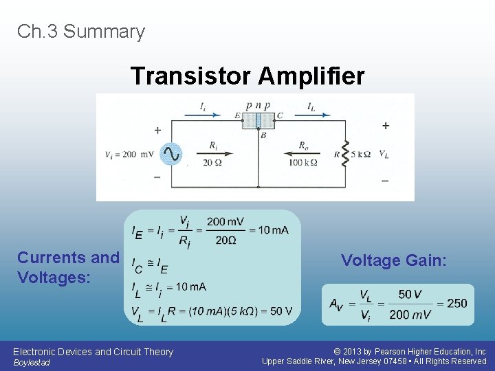 Ch. 3 Summary Transistor Amplifier Currents and Voltages: Electronic Devices and Circuit Theory Boylestad