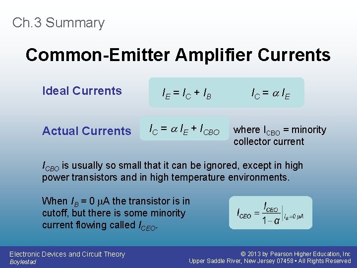 Ch. 3 Summary Common-Emitter Amplifier Currents Ideal Currents Actual Currents IE = IC +
